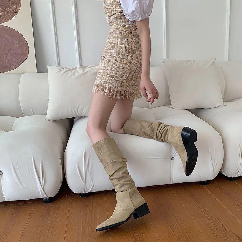 British Style Fashion Looks Thin But Knee High Boots Pleated Stack Sleeve Boots Women's 2025 New Long Boots
