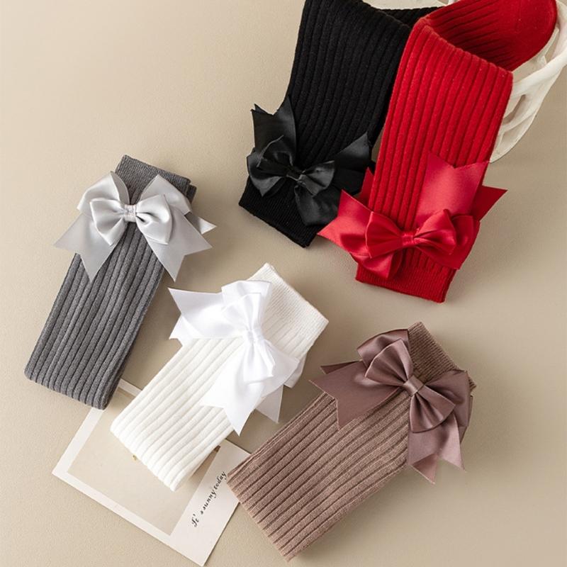 Girls Knee High Cotton Socks Big Ribbons Bow Back To School Socks, Ribbons Bows Long Socks Uniform Party Wear Stockings