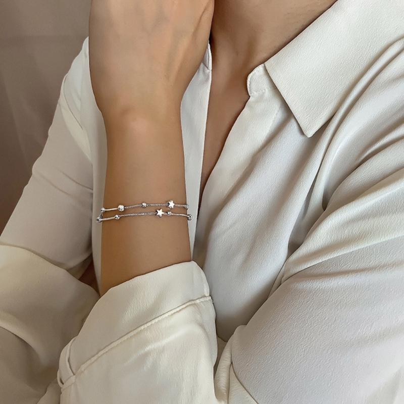Double-layer Silver Color Small Star Bracelets for Women Personality Round Bead Bracelet Korean Fashion Jewelry