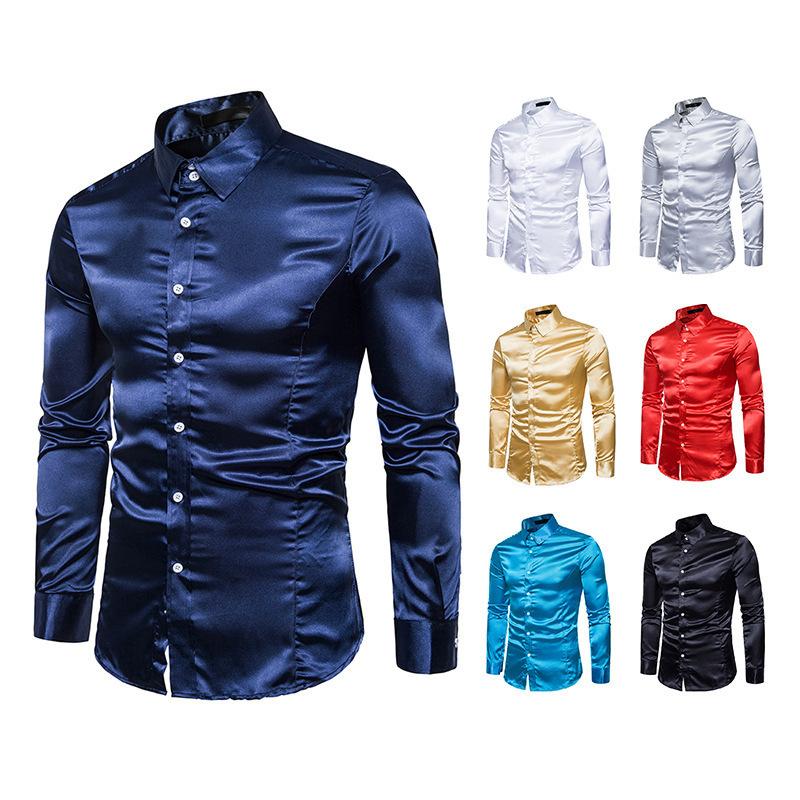 New Spring And Autumn Winter Men'S Solid Color Casual Shirt Men'S Fashion Trend Bright Face Collar Long Sleeve European Size Shirt