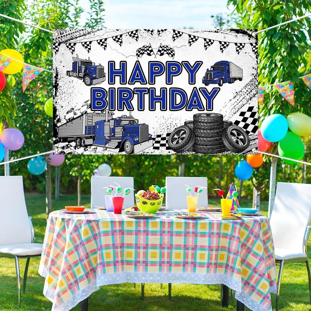 Truck Theme Birthday Banner, 70.8x43.3 Inch, Blue Happy Birthday Party Decoration, Polyester Material, Realistic Truck Design