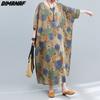 Dimanaf Plus Size Women 2023 New Summer Style Dress Short Sleeve O-Neck Floral Loose Dress Linen Basic Dresses