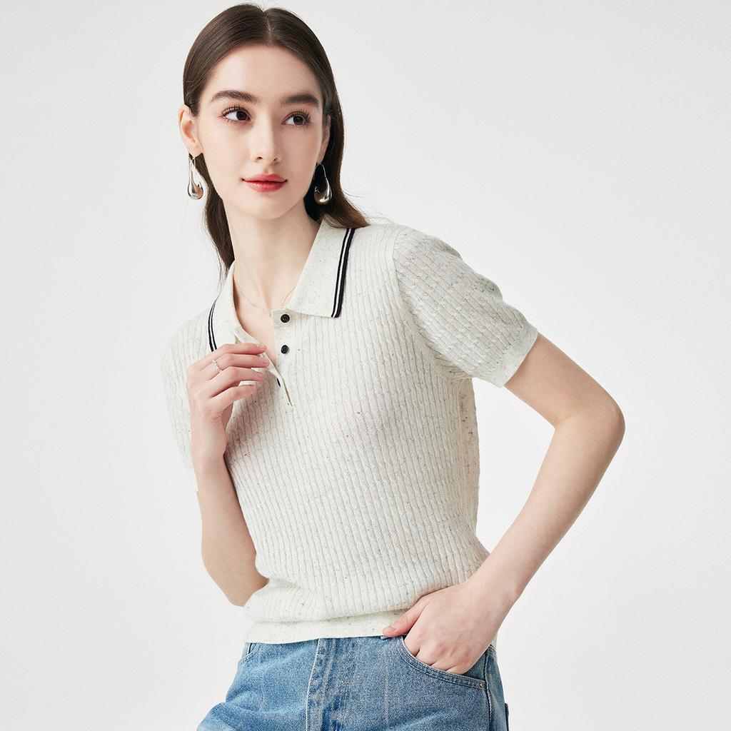 Fashion Color Dot Design: Summer Collar, Age Reducing, Soft, Skin friendly, Multi colored Knitted Short Sleeve Sweater with Wool for Women