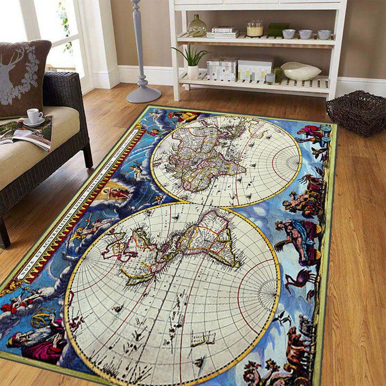 Ancient World Navigation Map Teppe for stuen, mykt flanell teppe for soverommet, Anti-skli BADEROMsmatte, baby lekematte