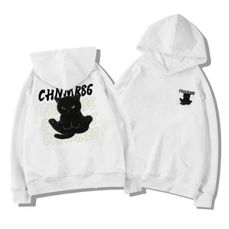 Men s Cat Print Velvet Hoodie - New Style Autumn/Winter Loose Pullover Medium