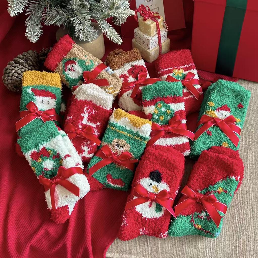 Damen Flauschige Cartoon Plüsch Weihnachtsstrümpfe - Warmer Korallenfleece, Nicht fusselnd, Gemütliche Schlaf-Boden-Socken