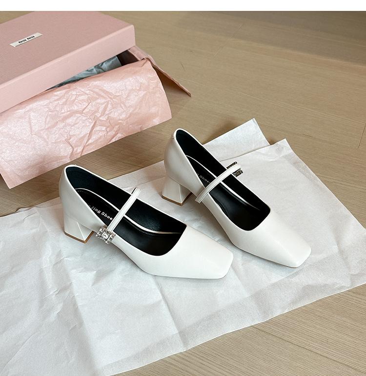 

3337-60 one-word with square head thick heel Mary Jane single shoes niche new metal buckle with middle heel shoes commuter shoes 36