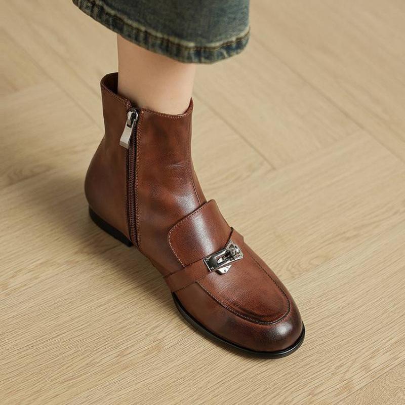 

New versatile large-size women s boots low-heeled zipper round head autumn and winter rubber soft-soled Martin boots cowhide low boots 40