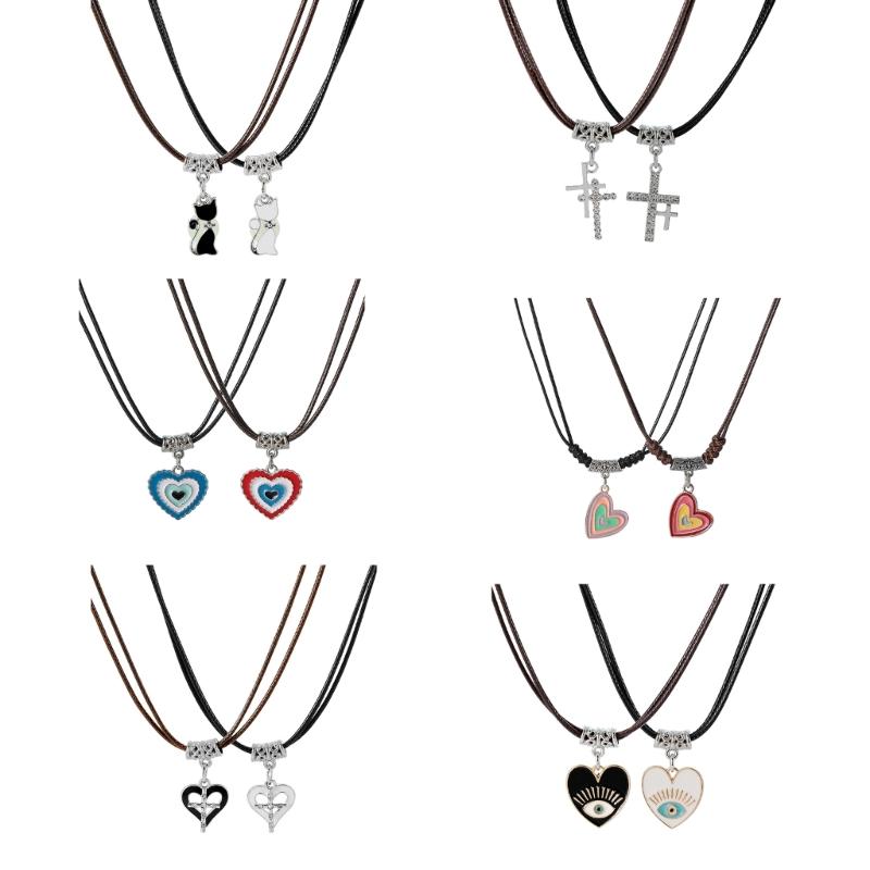 2pcs Heart Cross Cat Pendant Necklace Couple Black Rope Choker Necklace Jewelry