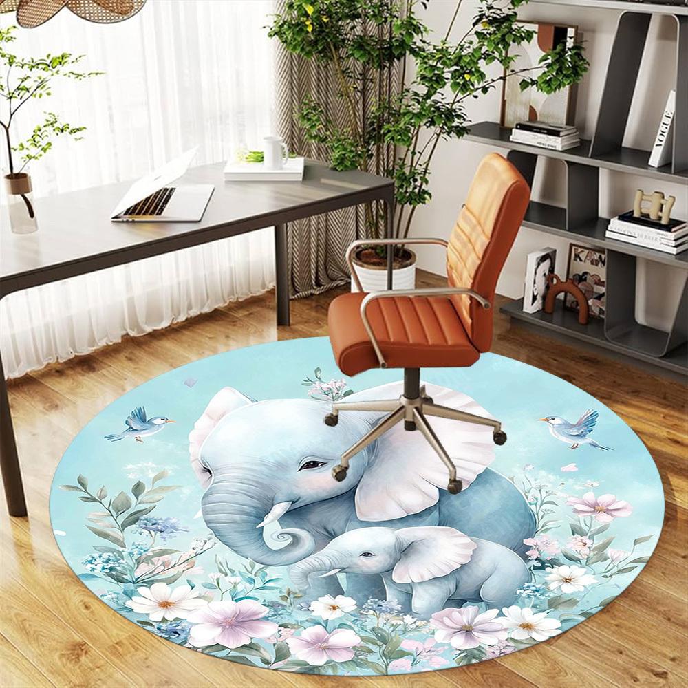 1PC Elephant Family Flowers Office Round Area Rug, Under Office Chairs Bedroom Living Room Home Decor, Carpet for Office -1110080