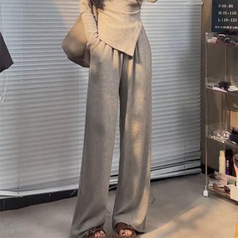 Womens Irregular Hem Top Straight Wide Leg Pants Set Casual Two Piece Outfit Petite