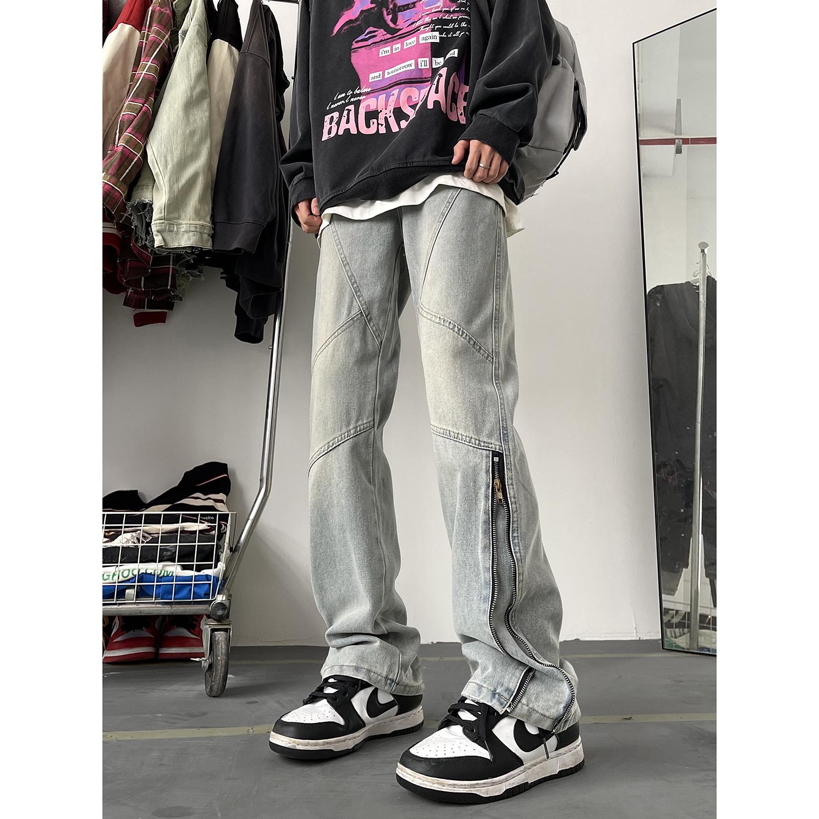 

Men s 2024 Retro Zipper Jeans - Summer Casual Straight Micro Flare with High Street Style XXXL синій
