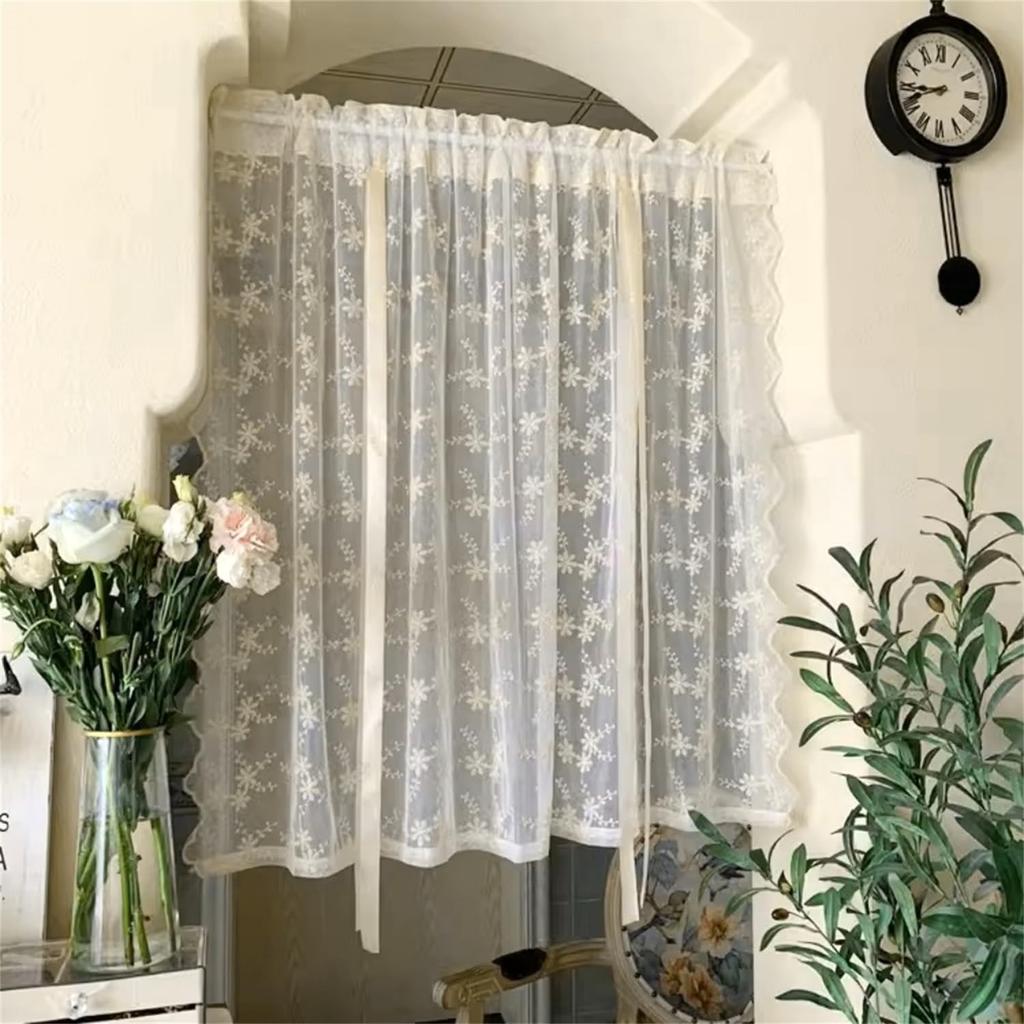 KMSG Bowknot Tie Up Kitchen Curtain Floral Balloon Lace Sheer Curtain Tiers for Small Cafe Windows Rod Pocket Light Filtering Ruffled Voile Window