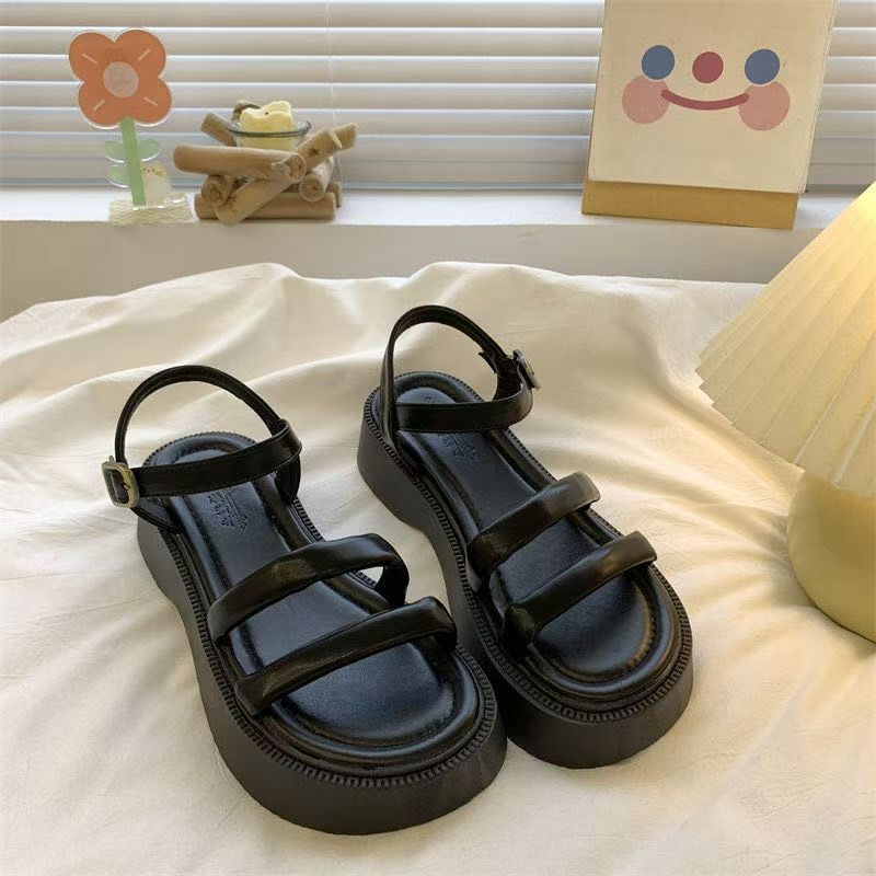 Versatile casual muffin thick-soled one-word buckle with beach Roman shoes sandals women's summer 2025
