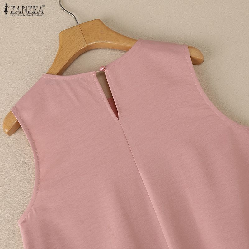 ZANZEA Women Casual Round Neck Solid Color Loose Sleeveless Dress