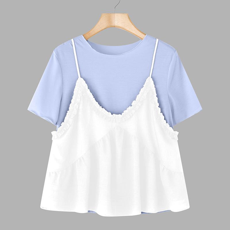 

ZANZEA Женская повседневная футболка с круглым вырезом, пэчворк, летняя, с коротким рукавом 5XL синий