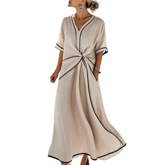Women's Summer Casual Twist Waist Long Dress Cotton Linen Short Sleeve V Neck Boho Swing Dress Beach Vacation Flowy A-line Sundress