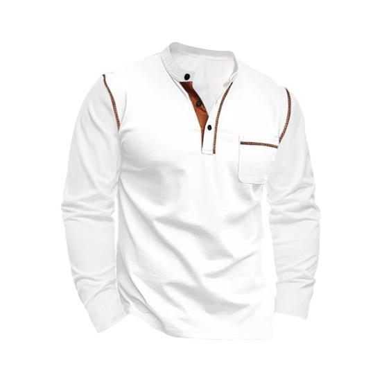 Sommer Herrenhemd Stehkragen Lange Ärmel Patchwork Brusttasche Farblich passend Resort Wear Urlaub Strand