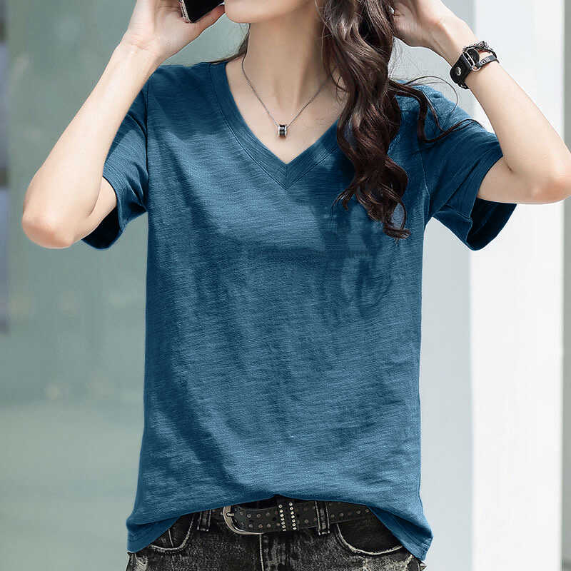 Tricou de damă din Bumbac Bambus Viscoză Croială largă Decolteu în V Top casual Confortabil Respirabil Tricou de vară