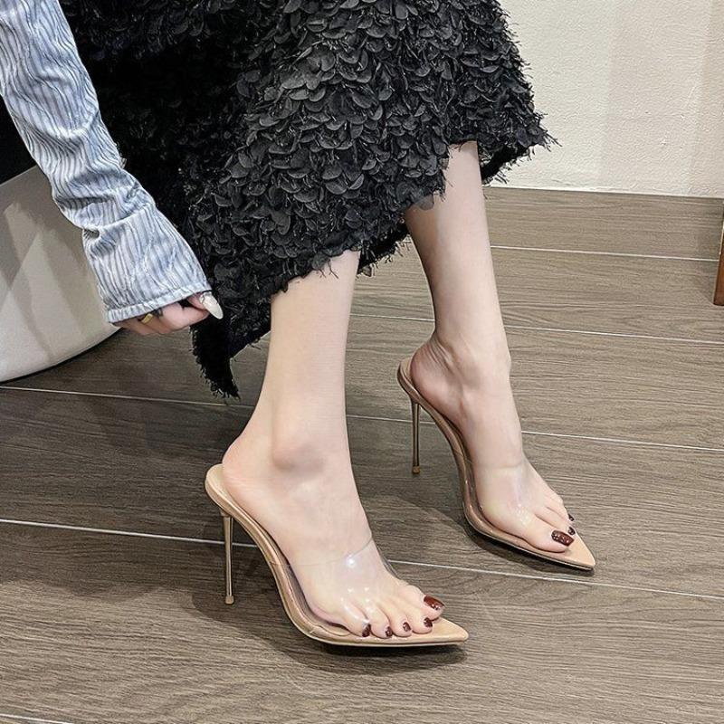 Pointed-toe Sandals Summer New Explosive Open-toe Transparent One-word Belt Soft Sole Non-tiring High Heels
