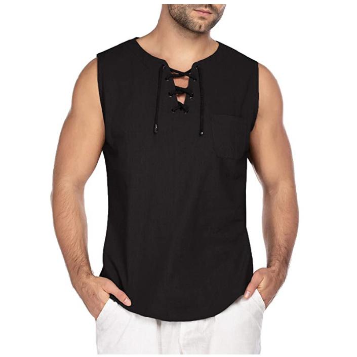 2025 European And American New Men'S Sleeveless Shirt With Lace Up Fashion Solid Color Cotton Linen Short Sleeved T-Shirt