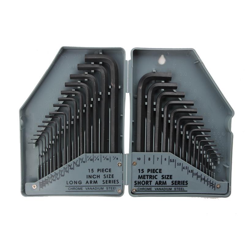 30-Piece Metric & Imperial L-Shaped Hex Socket Wrench Set - Polished Black, Chrome Vanadium Steel