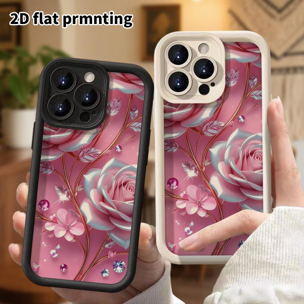 Phone Case: 2D Flat Design Suitable for iPhone 18 17 16 15 14 13 Pro Stepped Protective Case, Pink Silver Rose, Christmas and Halloween Gift
