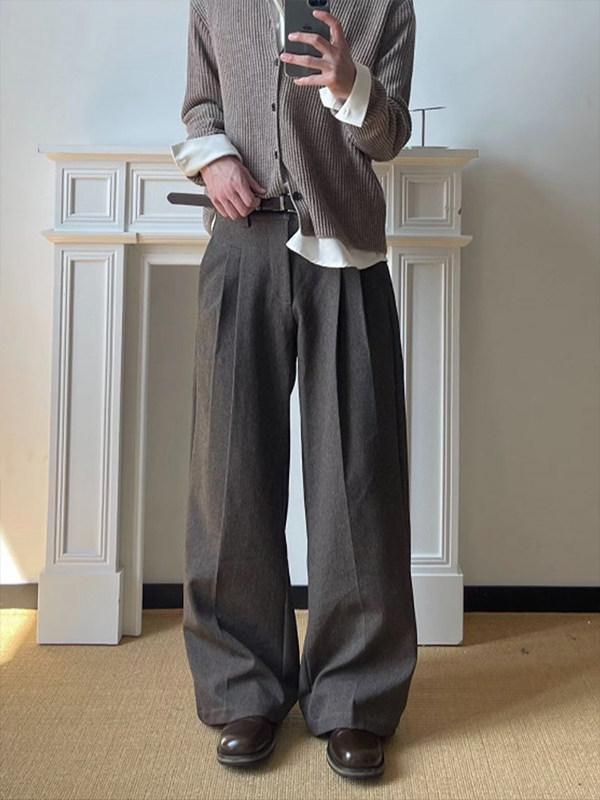 Men's Classic Double-Pleat Wide Leg Trousers - Spring/Autumn Collection with High-End Draping and Curved Loose Fit