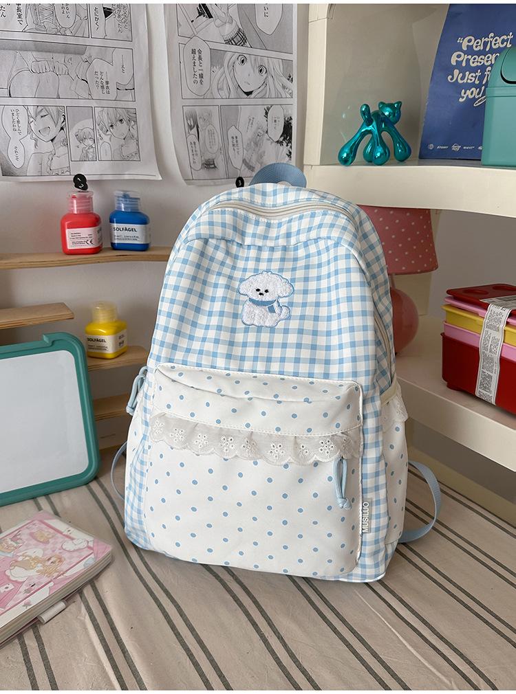 Schoolbag summer fresh blue and white grid small polka dot backpack soft cute puppy embroidery sweet age-reducing student party travel small backpack