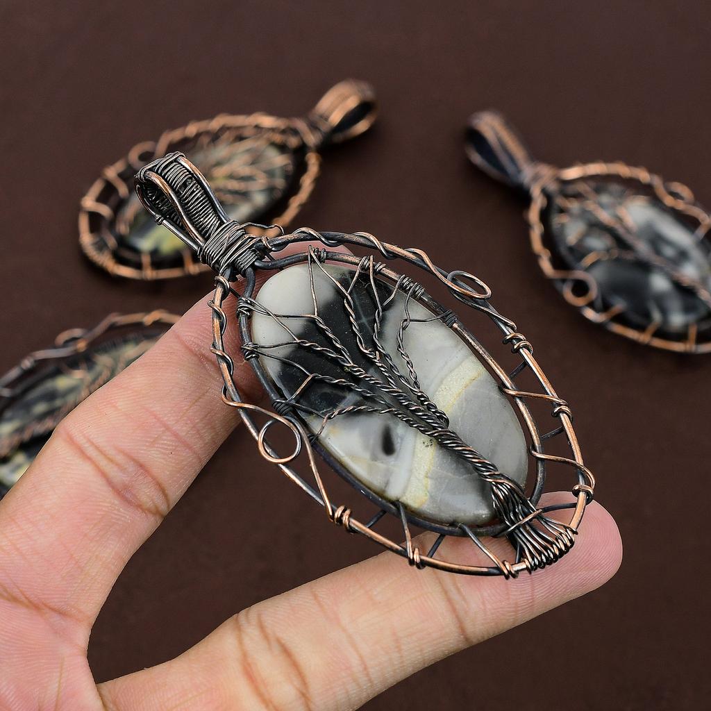 Fume Agate Gemstone Copper Wire Wrap Tree Of Life Pendant 3.54"