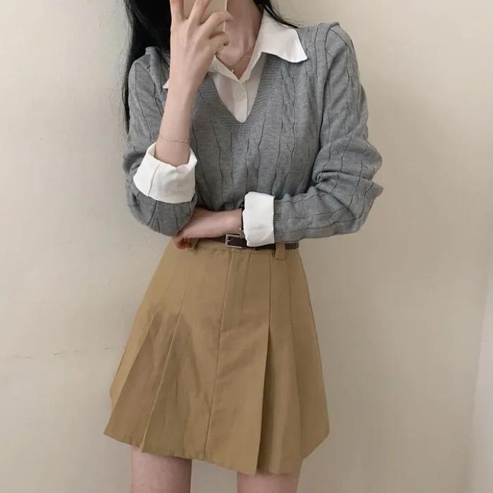 

Женский ретро свитер-рубашка с кабельным узором - корейский и японский стиль, длинный рукав, эффект двойки, осень/зима 2025 One Size серый