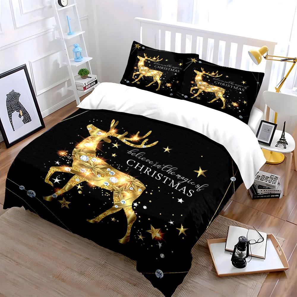 Golden Reindeer Christmas Decor Bedding Duvet Cover Set Duvet Cover Pillowcases (1*Duvet Cover 2*Pillowcases, without duvet insert)