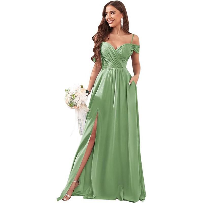 1011 new evening dress European and American bridesmaid dress suspender long dress solid color banquet evening dress