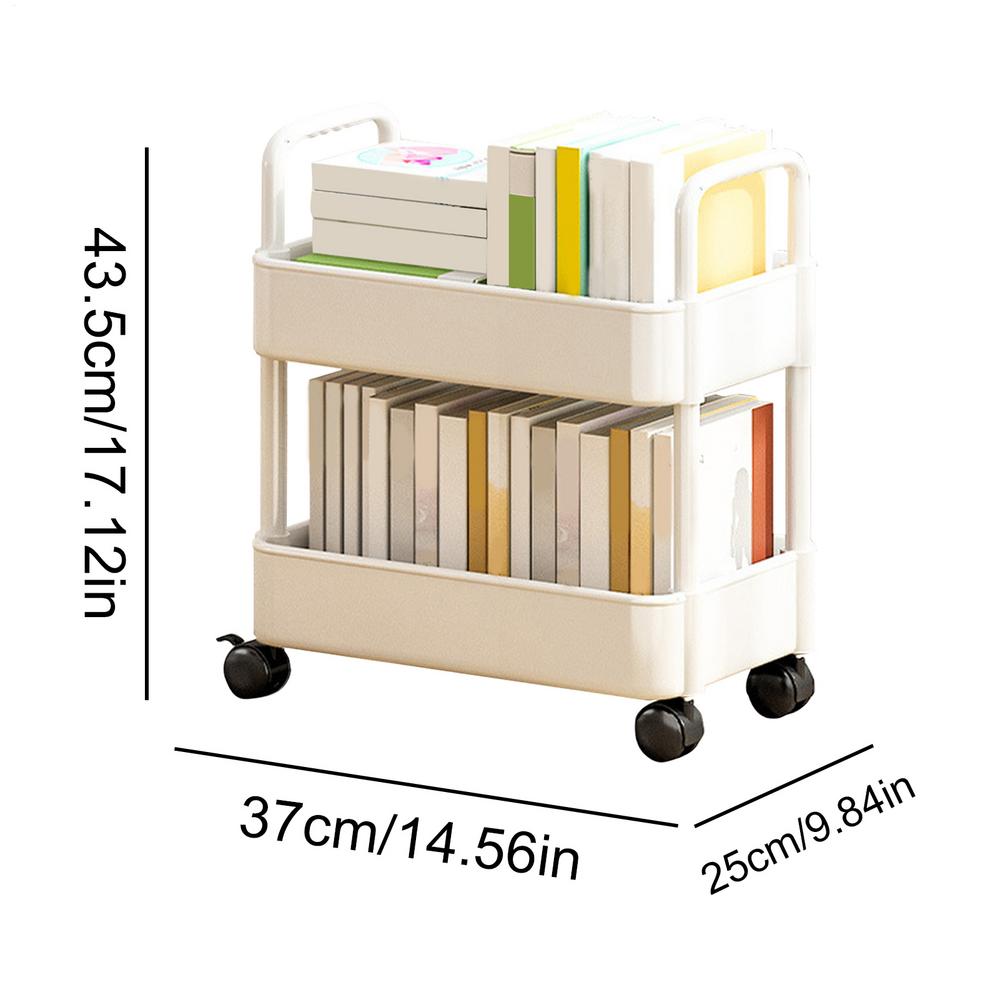 2-Tier Movable Bookshelf Cart with Wheels Multi-Purpose Storage Rack for Books Toys Snacks Household Mobile Organizer