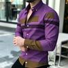 Men's Shirt Trendy Men's Color Block Splicing Long Sleeve Shirt Horizontal Stripe Decorative Collar Shirt European and American