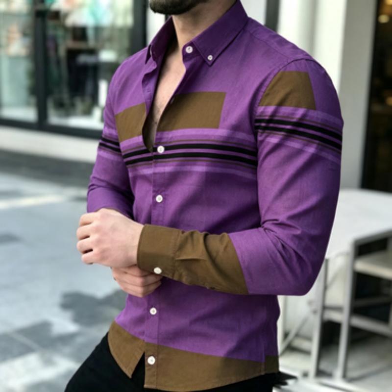 Men's Shirt Trendy Men's Color Block Splicing Long Sleeve Shirt Horizontal Stripe Decorative Collar Shirt European and American