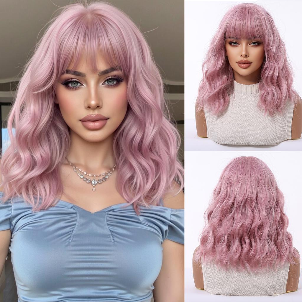 Pink Purple Mixed Blue Curly Wavy Synthetic Wigs with Bangs for Women Colorful Party Cosplay Natural Hair Wig Heat Resistant Use