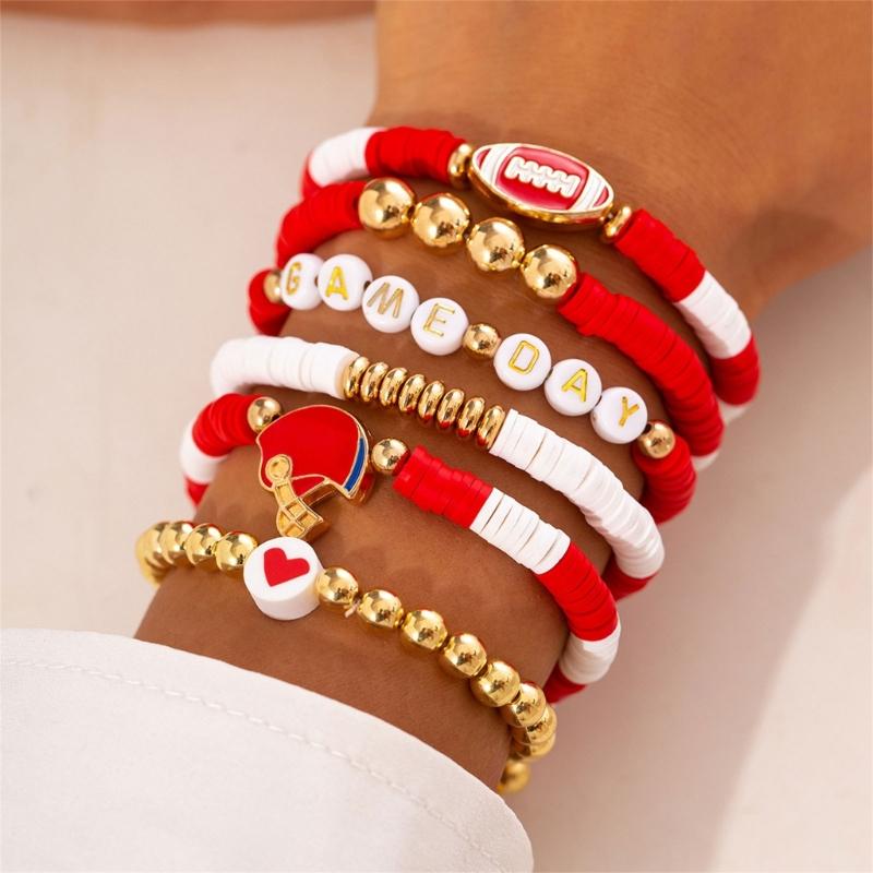 Versatile Unisex Football Charm Letter Beaded Bracelet Elastic Band Handchain for Everyday Wear Street Hand Jewelry