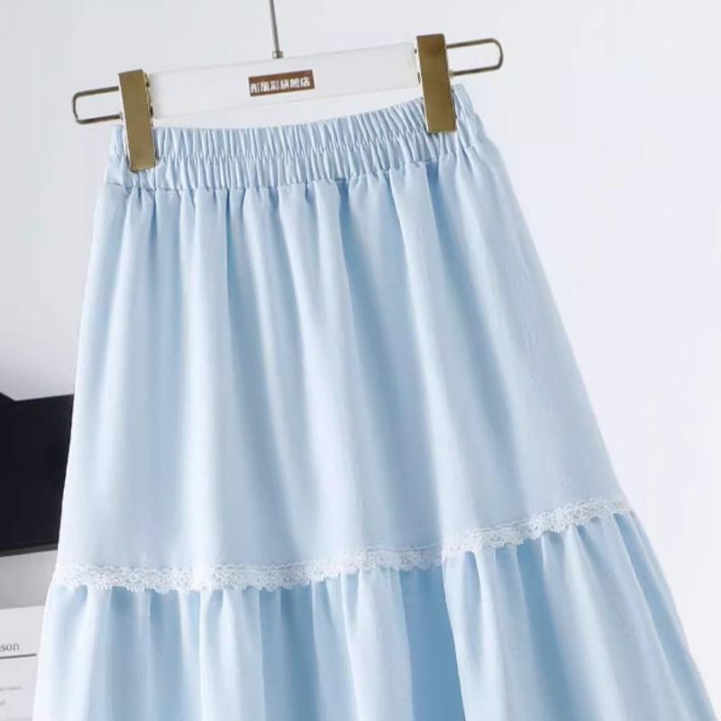 Spring/Summer Balletcore Midi Skirt for Women - Soft Slim-Fit Lace Trim Tiered Cake Skirt
