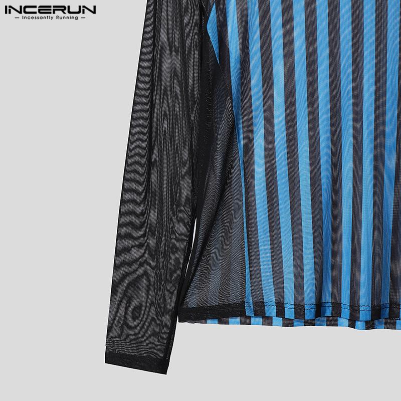 INCERUN Two-piece Men Long Sleeve Striped Mesh Sheer Crop Tops Bow Elastic Waist Pants Sets
