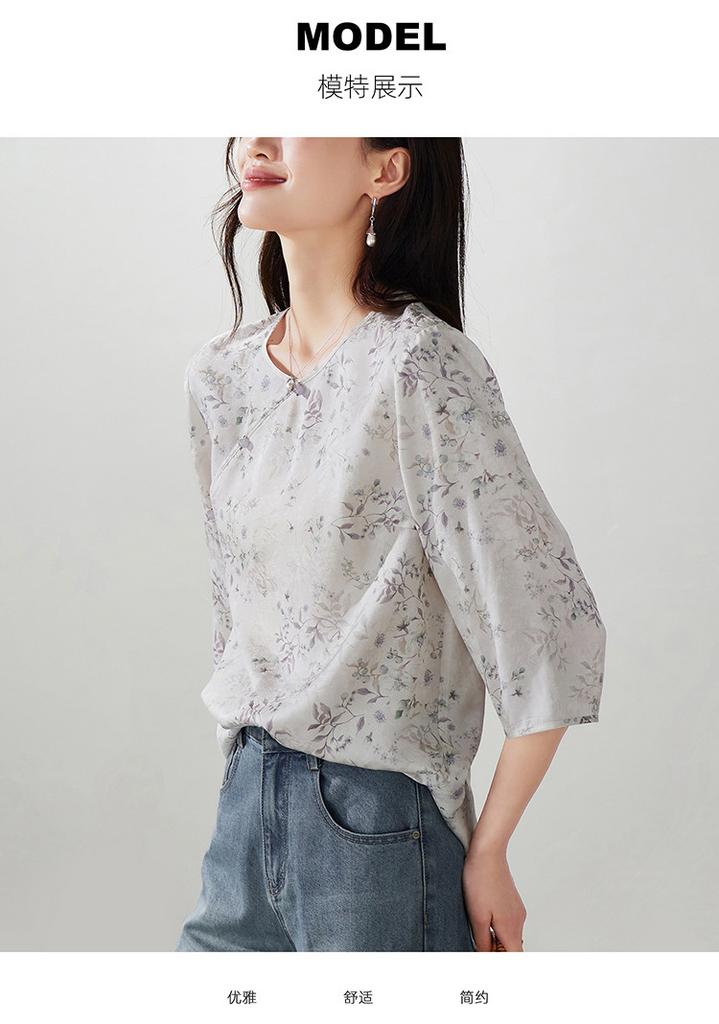New Chinese style printed shirt for women in the spring of 2026, versatile commuter shirt with seven quarter sleeves