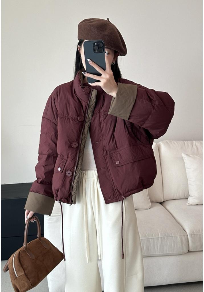 Contrast color loose down jacket women's short new winter clothing small white duck down bread jacket thickened