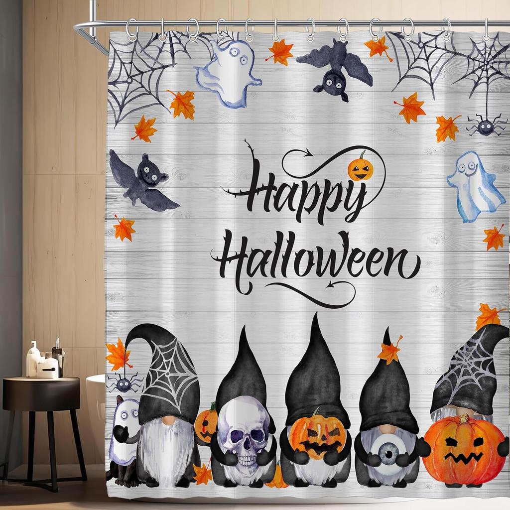 Halloween Shower Curtain Gnomes Pumpkins Ghosts Bats Spiders Happy Halloween Bathroom Decor Waterproof Fabric Festive Party
