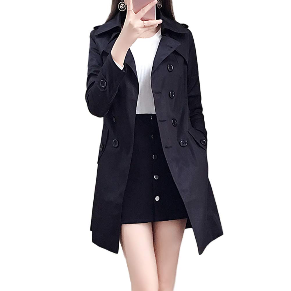 JoveJek Trench Solid Large Perfect for Commuting Women s Coat, Double-Faced, Double-Breasted, Lightweight, Water-Repellent, Color, Thin, Collar, чёрный