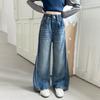 Autumn Tween Girl Dark Blue Jeans Foldable Wide Leg Denim Pants Kids Child Spring High Waist Jeans Trousers Age 4 To 14 Y