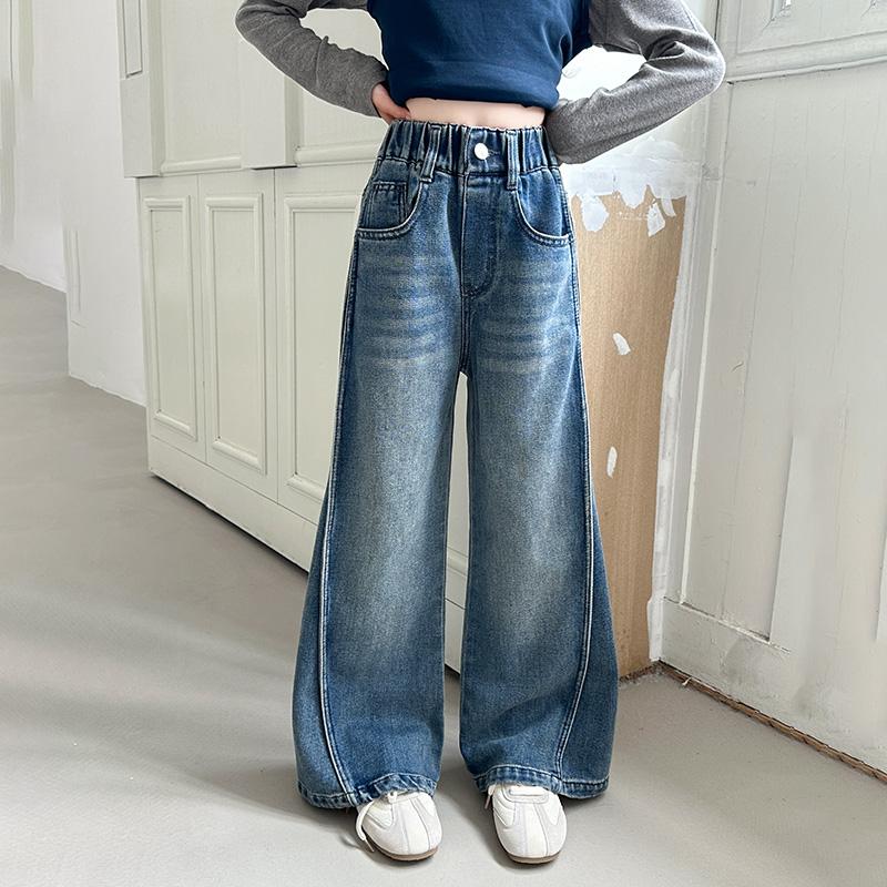 

Girl Dark Blue Jeans Foldable Wide Leg Denim Pants Kids Child Spring High Waist Jeans Trousers Age 4-14Y 170 синій