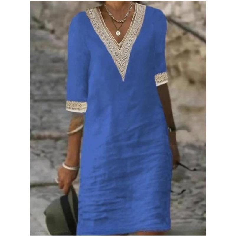 VEZFAA Kadın Modası Yaz İlkbahar 1/2 Kol V Yaka Bol Belli Günlük Elbiseler