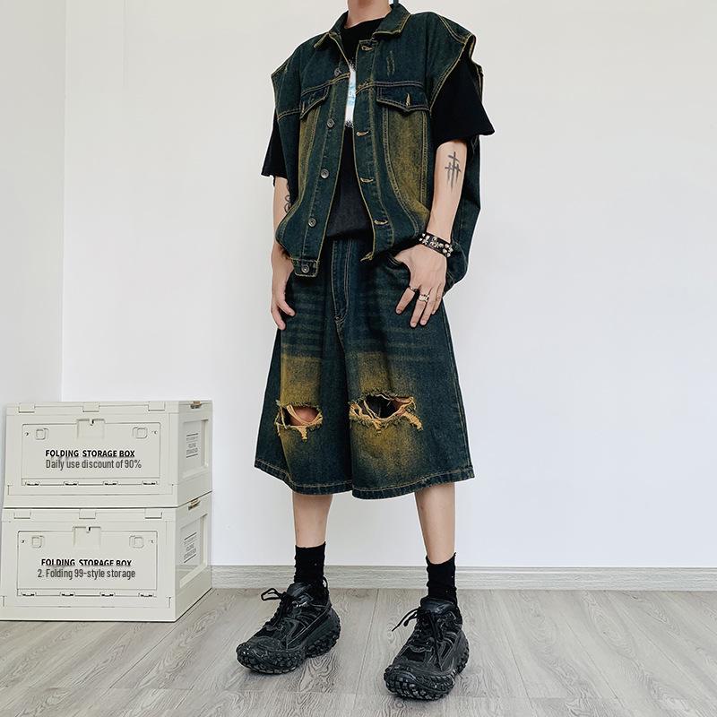 

Мужской летний корейский стиль джинсовый комбинезон из двух частей: Свободный жилет без рукавов и повседневные рваные шорты 3XL