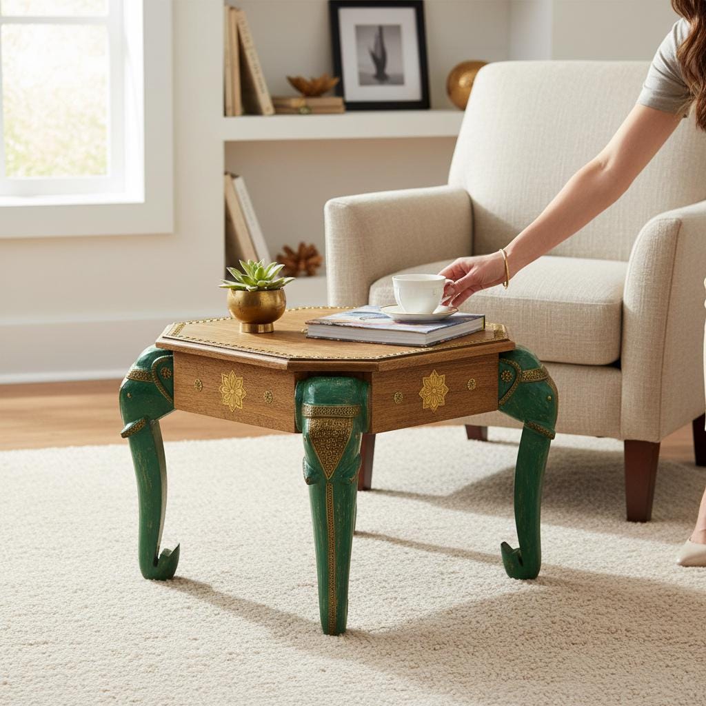 Wooden Elephant Leg Stool with Green Accents-Indian Coffee End Table Home Decor Furniture, Traditional Indian Art Decor Nightstand Table