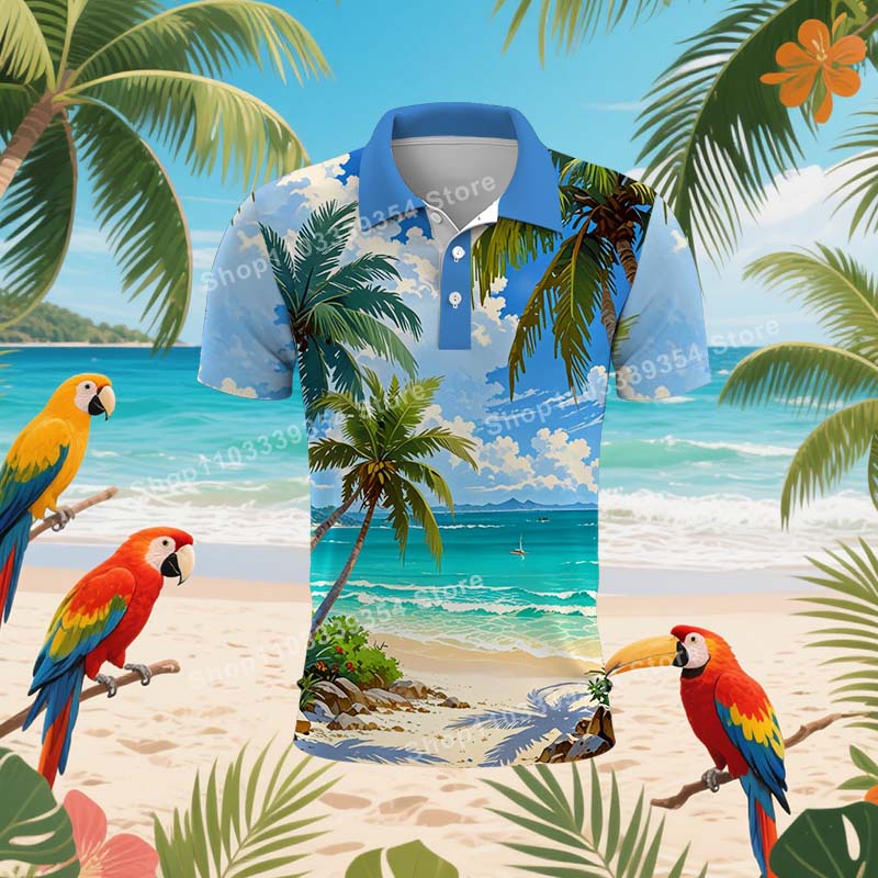 Maglietta Polo da Spiaggia Hawaiana con Palme per Uomo Estate Stampa 3D Foglie Manica Corta Polo da Golf Casual Street T-shirt Top